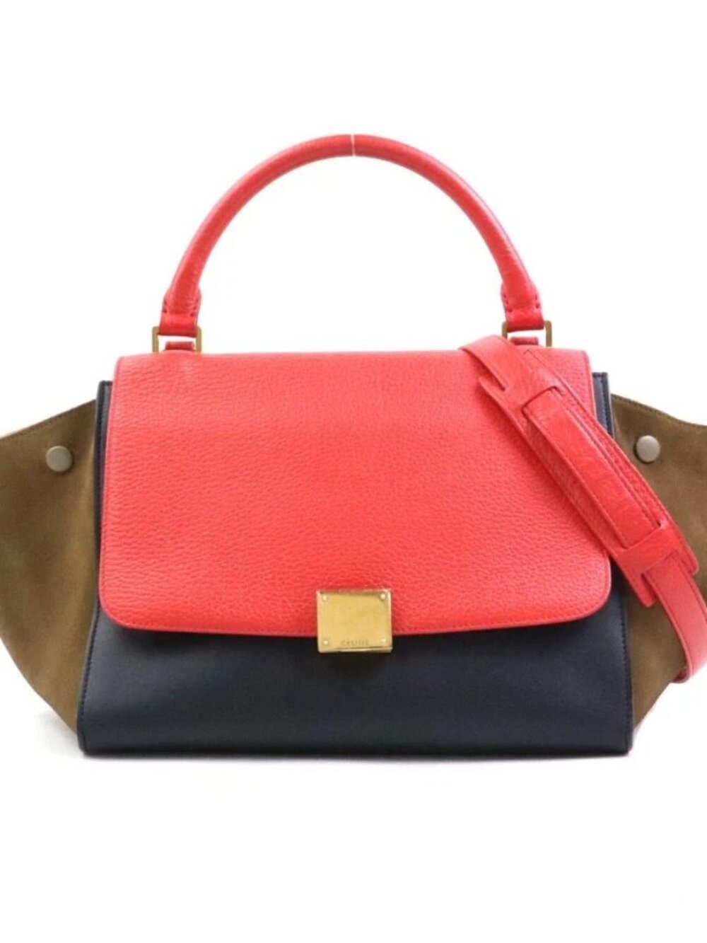 Auth CELINE Trapeze Handbag Shoulder Bag Red/Black/Khaki Leather/Suede - e60676a